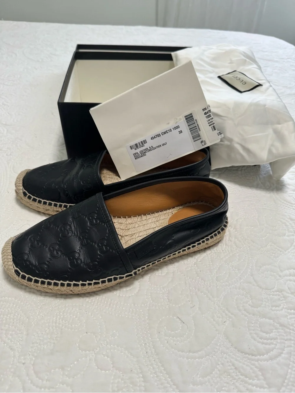 Gucci Black Leather Embossed Espadrille Flats